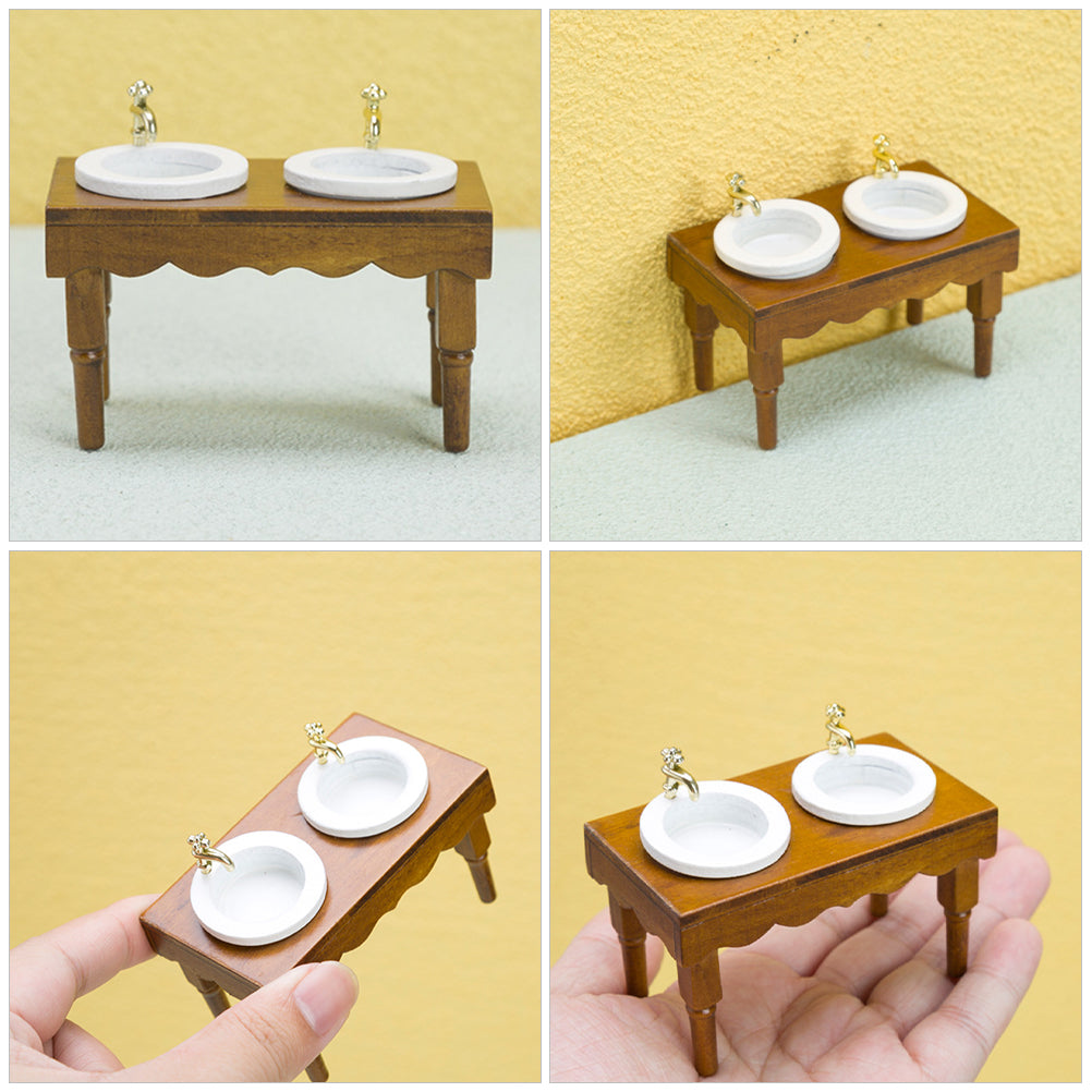 Walnut Color Double Basin Wash Sink Dollhouse Miniature Furniture S16893