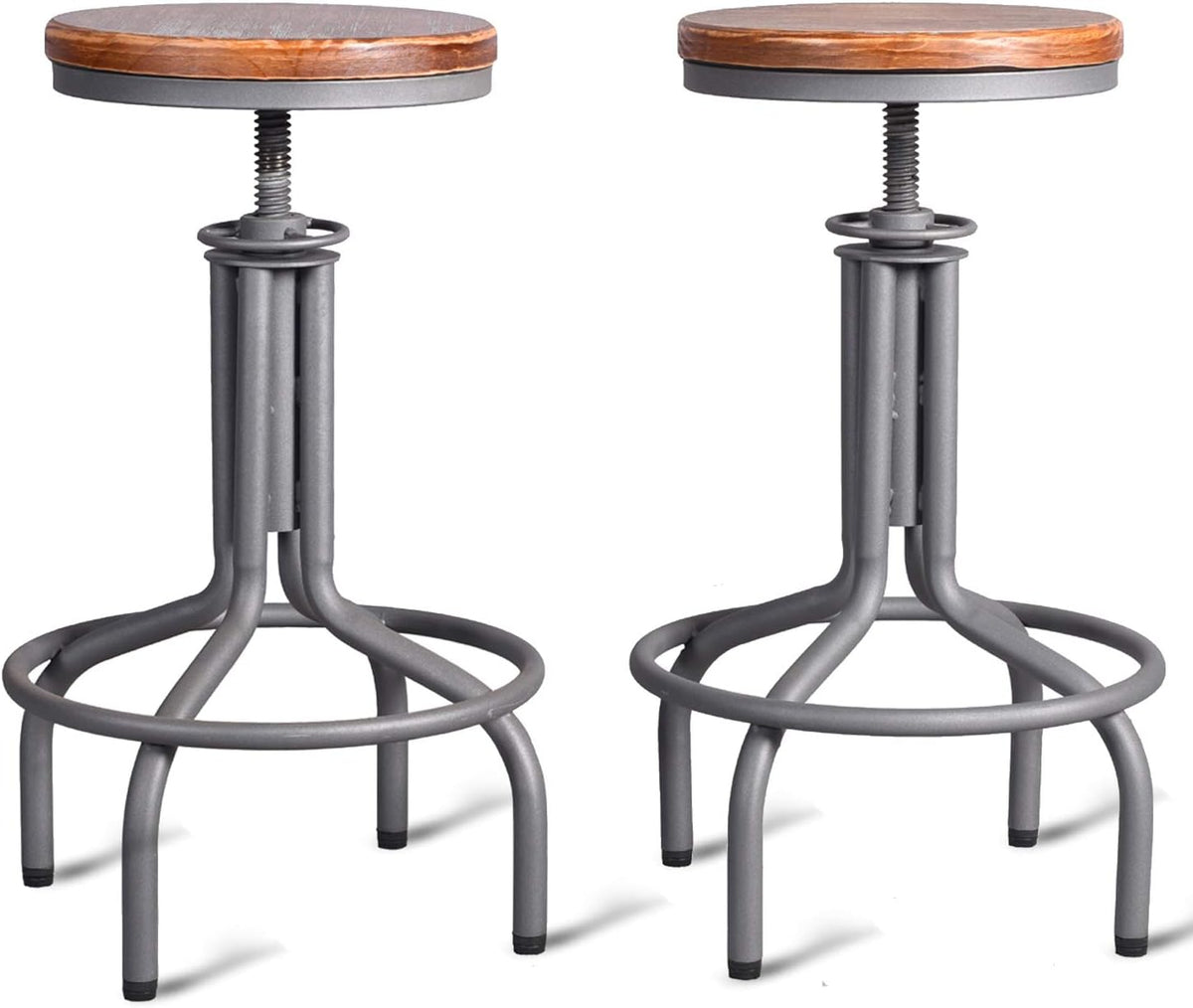 Metal Adjustable Height Bar Stool Set of 2 Black Wooden Top T5726