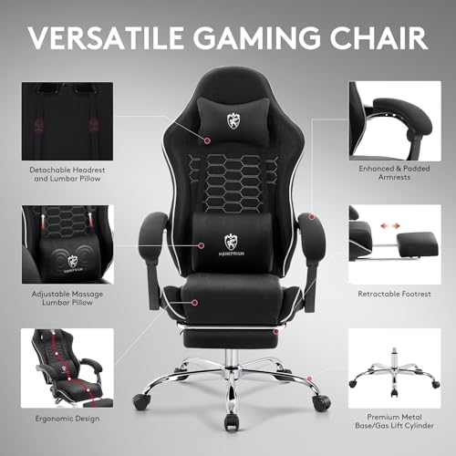 Black Green Ergonomic Gaming Chair with Footrest and Massage Lumbar Support B87175