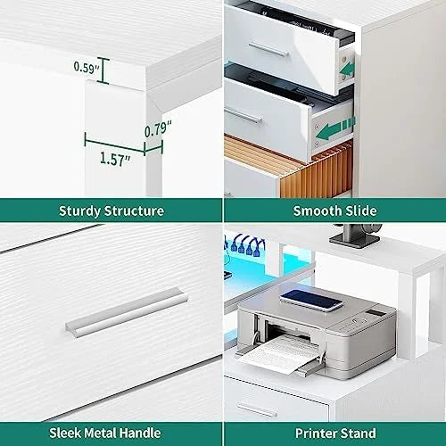L Shaped Desk with 3 Drawers 65" Corner Computer Desk with Power Outlets & LED Lights White U2418