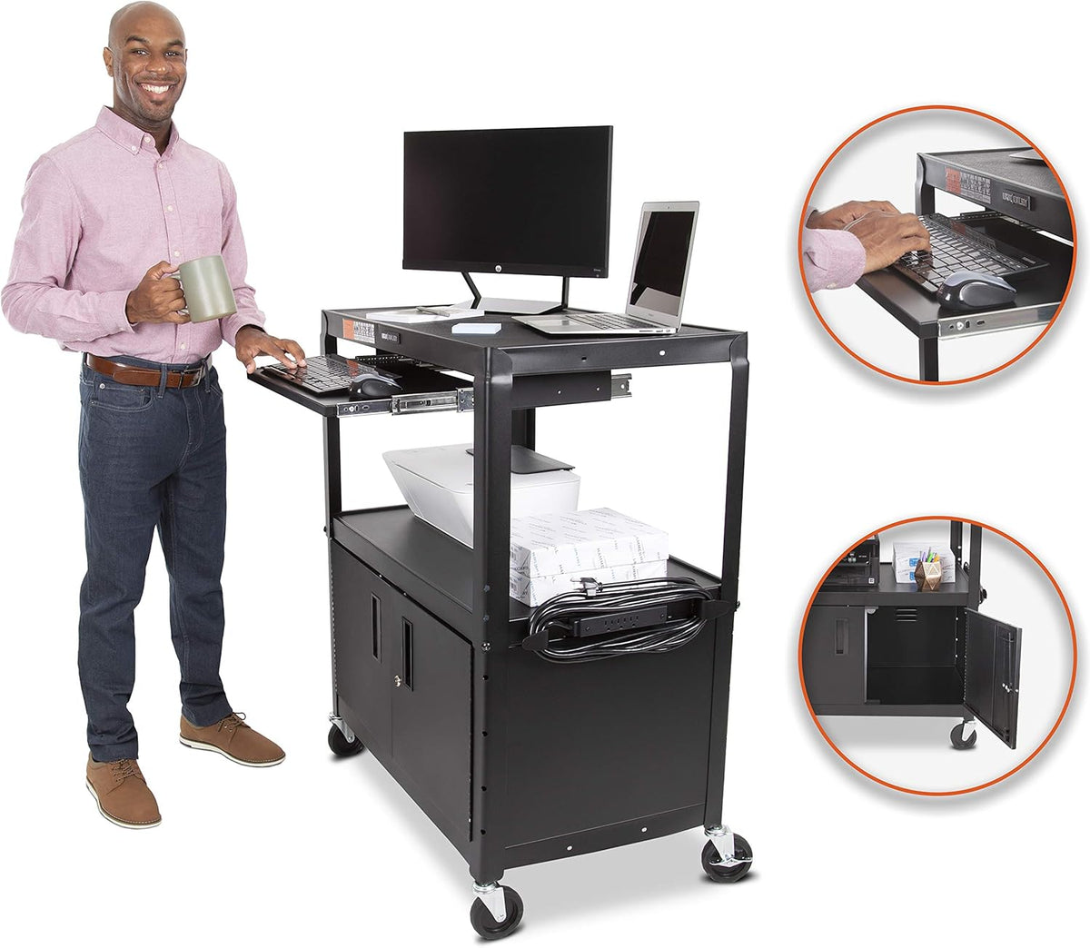 Black Extra Wide AV Cart with Locking Cabinet T96148