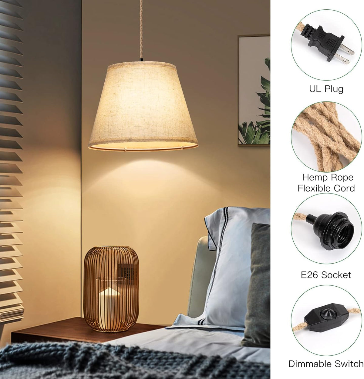 Plug in Pendant Light with Dimmable Switch and 15 ft Hemp Rope Cord T702