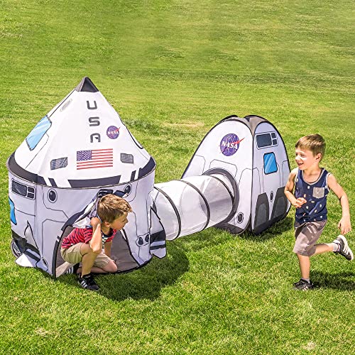 White Rocket Ship Pop up Play Tent with Tunnel and Playhouse Kids Indoor Outdoor Spaceship Tent Set U702861