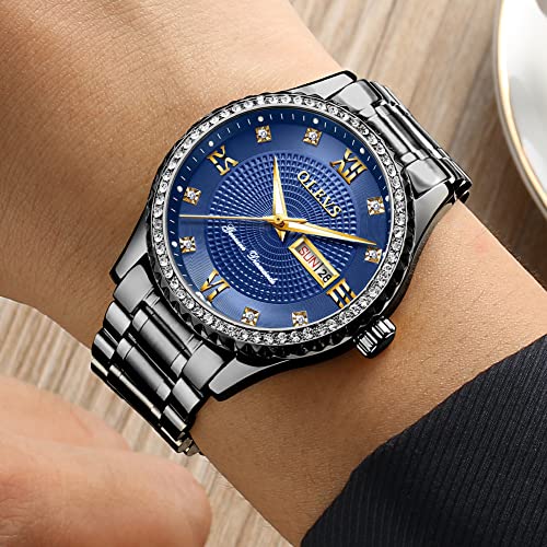 Golden Big Dial Quartz Analog Watch with Day Date Calendar and Stainless Steel Band P91781