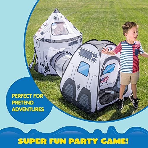 White Rocket Ship Pop up Play Tent with Tunnel and Playhouse Kids Indoor Outdoor Spaceship Tent Set U702861