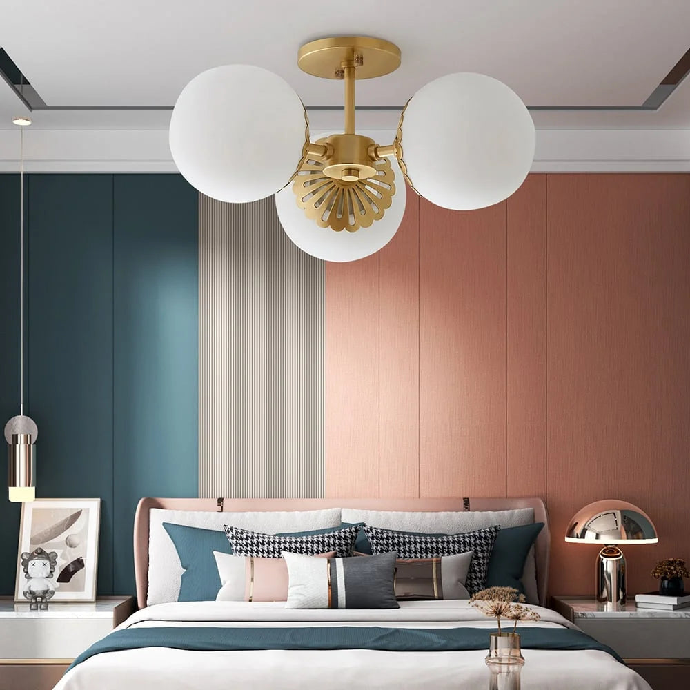 Modern Gold 3-Light Semi Flush Mount Light with White Round Glass Globe Shade J68329