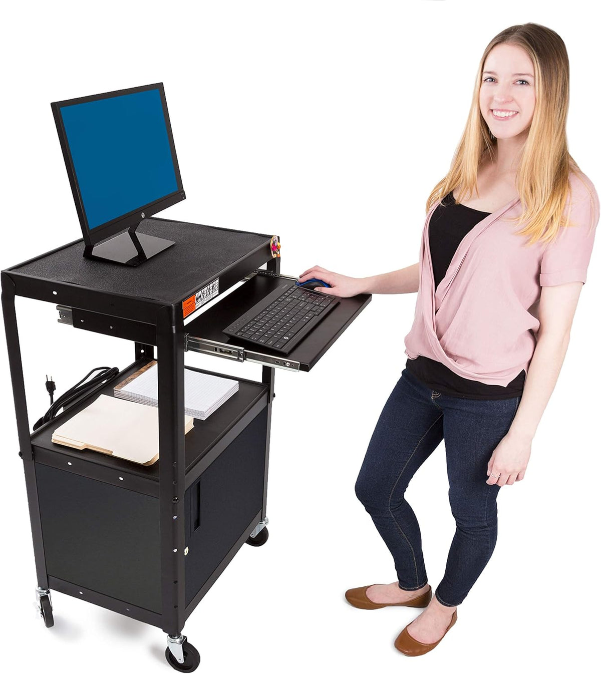 Black Extra Wide AV Cart with Locking Cabinet T96148