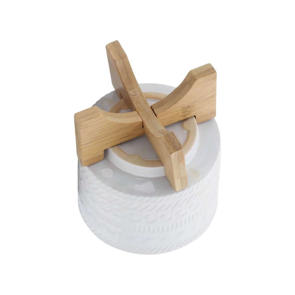 White Ceramic Round Planter with Wood Stand R39906