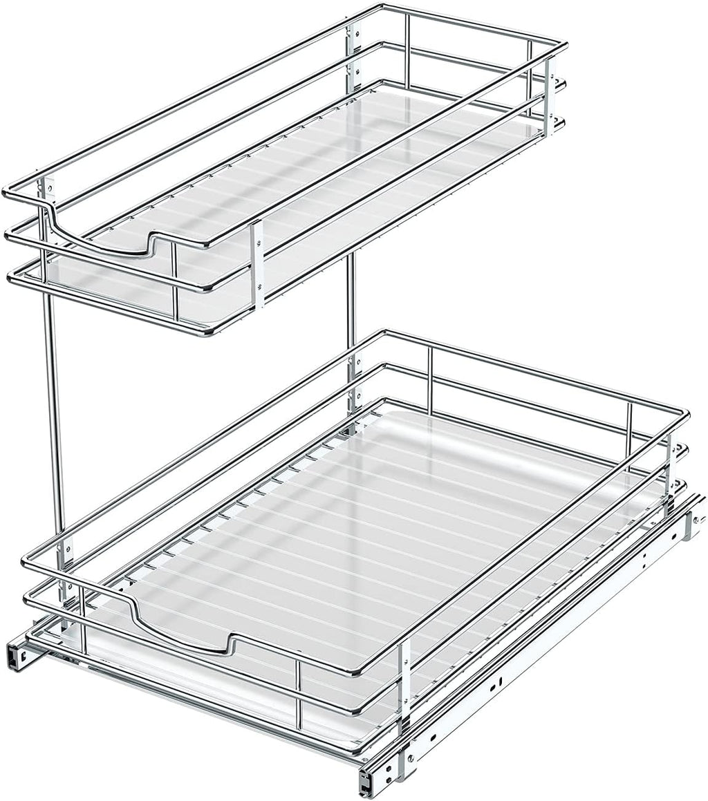 Under Sink Cabinet Organizer with 2 Tier Pull Out Sliding Shelf, 12.2Wx18.1Dx14.5H-Inch - Silver Z78391