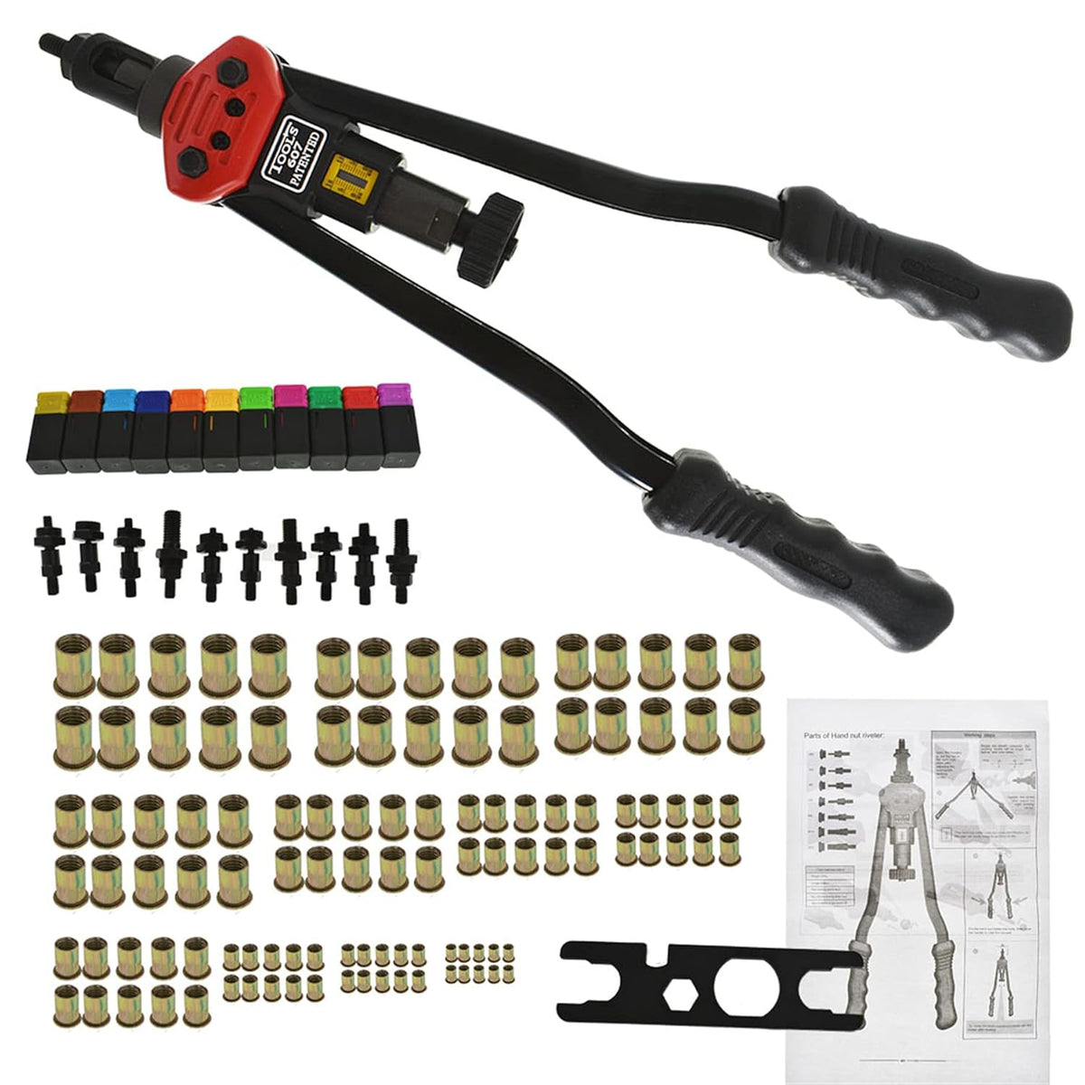 16 Rivet Nut Tool Hand Blind Riveter Kit with 11PCS Metric and Mandrels 110Pcs Assorted Rivet Nuts L100339