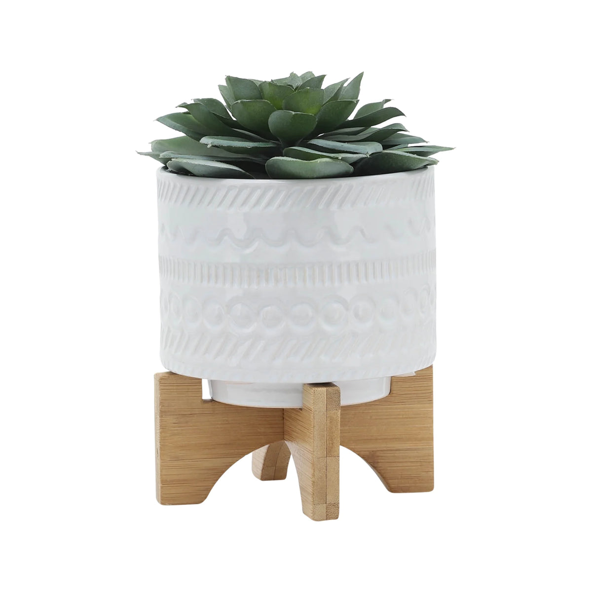 White Ceramic Round Planter with Wood Stand R39906