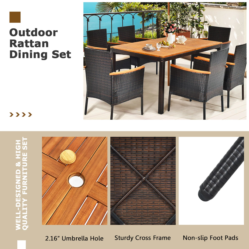 7 Pc Patio Rattan Dining Set Cushioned Chair Wooden Tabletop U7356