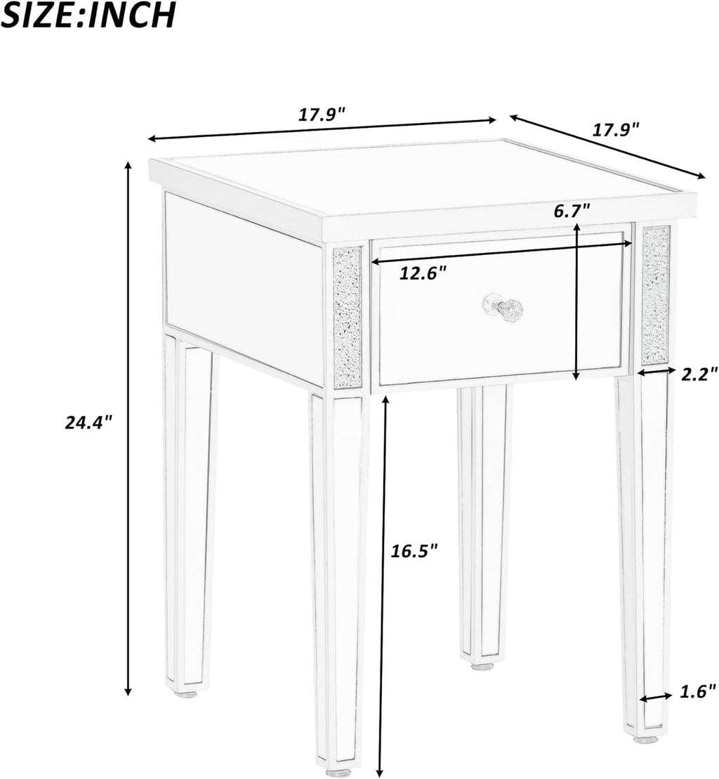 Silver Glass Mirrored End Table with Drawer B939