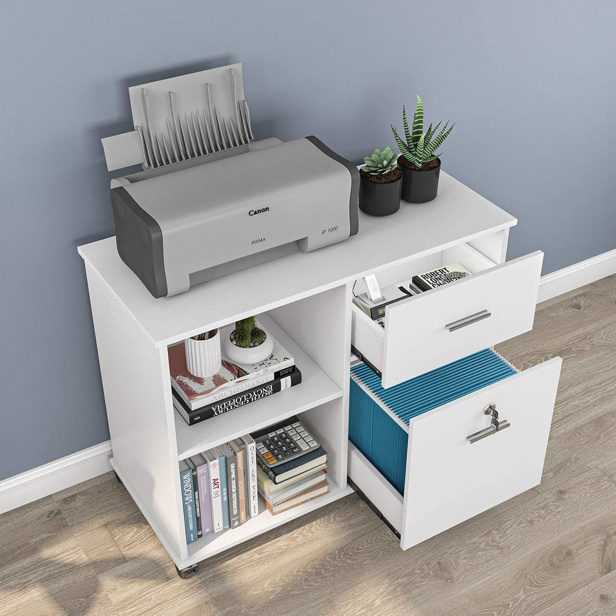 2 Drawer White Mobile File Cabinet with Lock and Shelves F8225