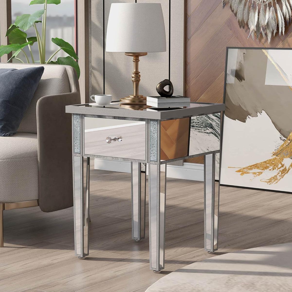 Silver Glass Mirrored End Table with Drawer B939