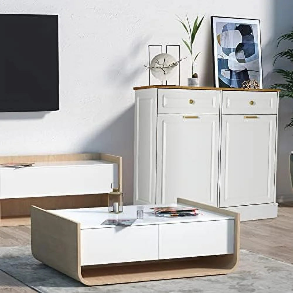 Double Barn Door Style Trash Cabinet with Solid Hideaway Drawer Y297758