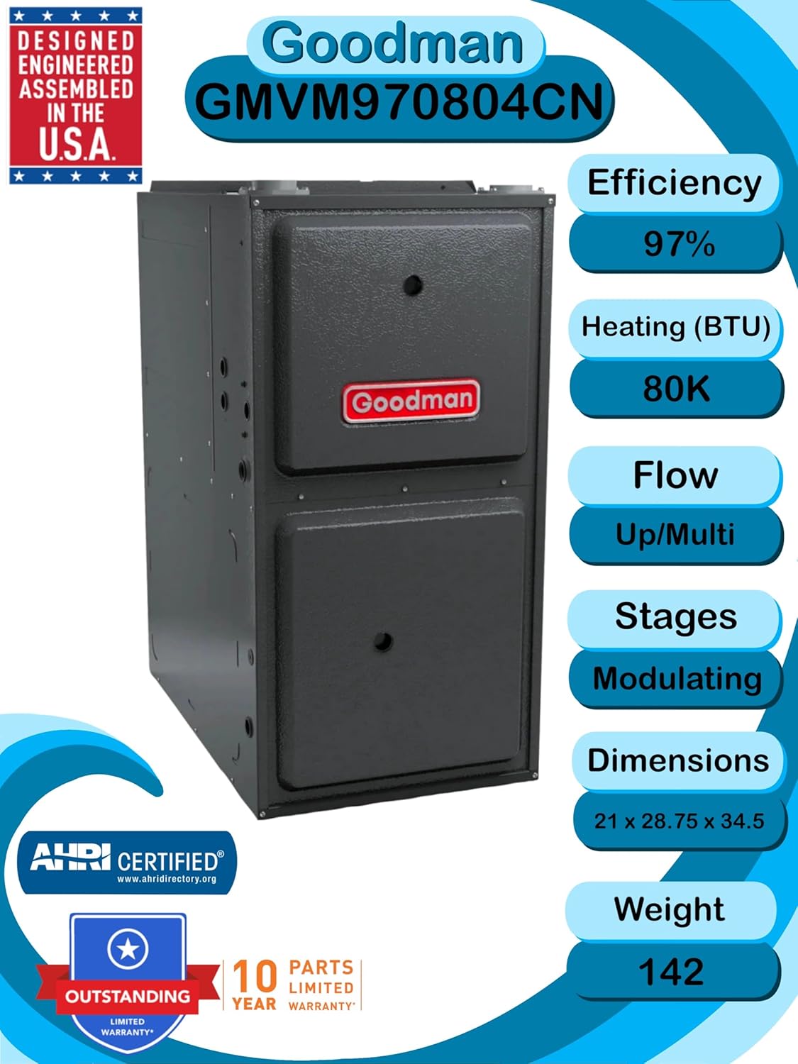 2 TON 14.3 SEER2 AC Unit with 97% AFUE 80k BTU Low NOx Gas Heater and Horizontal Evaporator V295