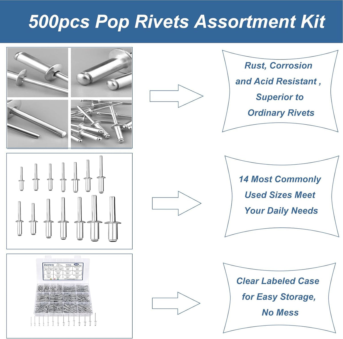 500pcs 14 Sizes Aluminum Blind Rivets Assortment Kit M878295