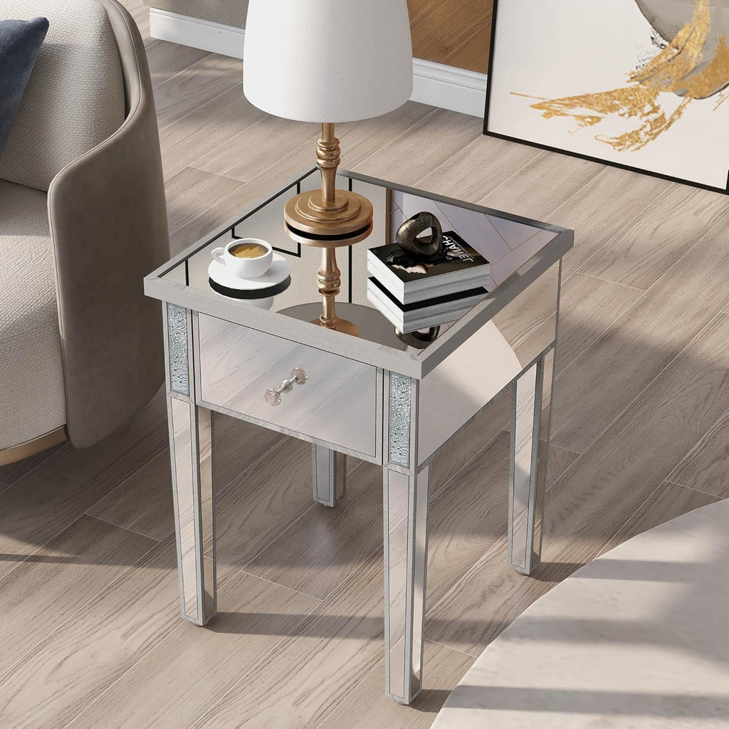 Silver Glass Mirrored End Table with Drawer B939