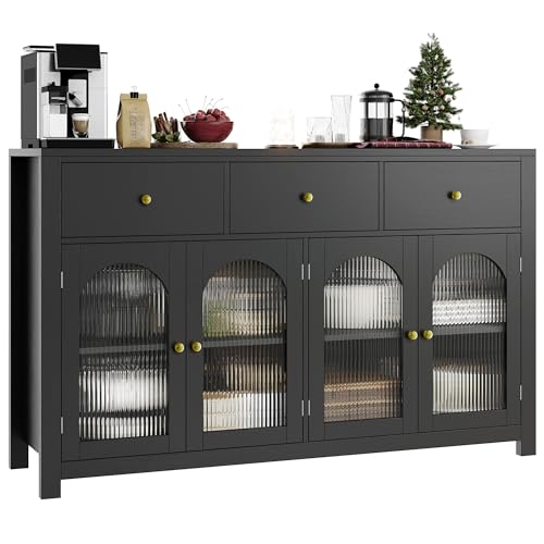 Black 55.1" Wood Buffet Cabinet with 3 Drawers and 4 Doors O69931