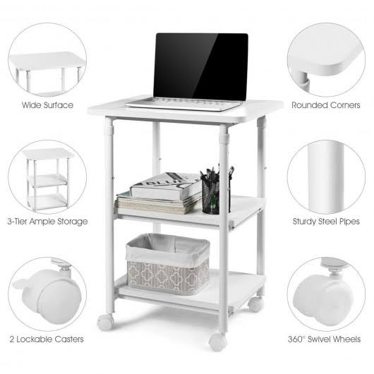 3-Tier Adjustable Printer Stand with Swivel Casters White D1572