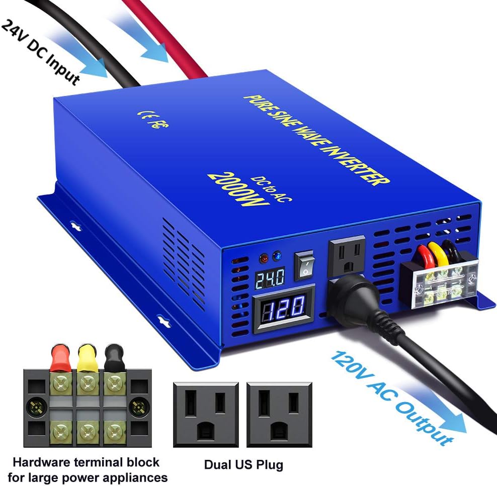 Pure Sine Wave Inverter 24V to 110v 120v 2500 Watt with Dual AC Receptacles G743