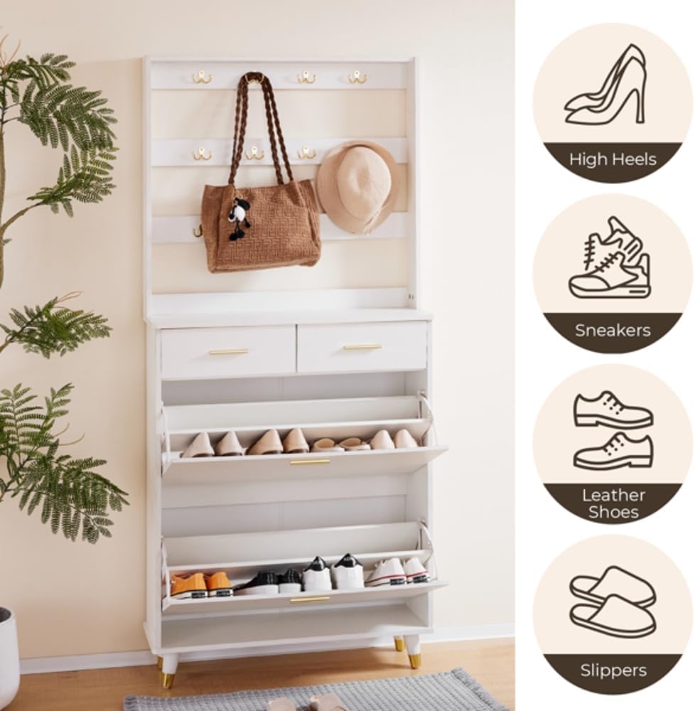 White Entryway Armoire with Drawers and Shelves M8193