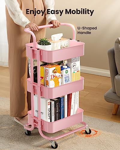 3 Tier Mesh Utility Cart with Handle and Lockable Wheels Black G163572