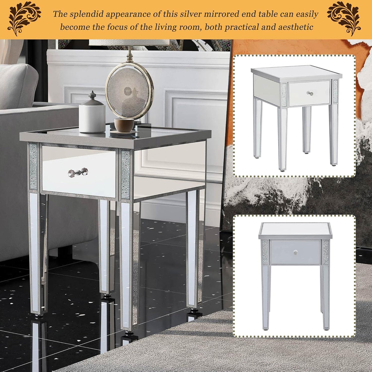 Silver Glass Mirrored End Table with Drawer B939