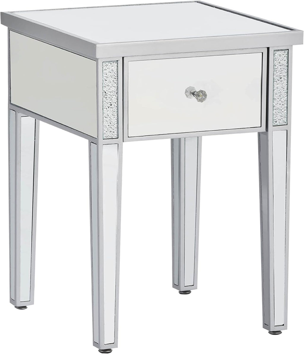 Silver Glass Mirrored End Table with Drawer B939