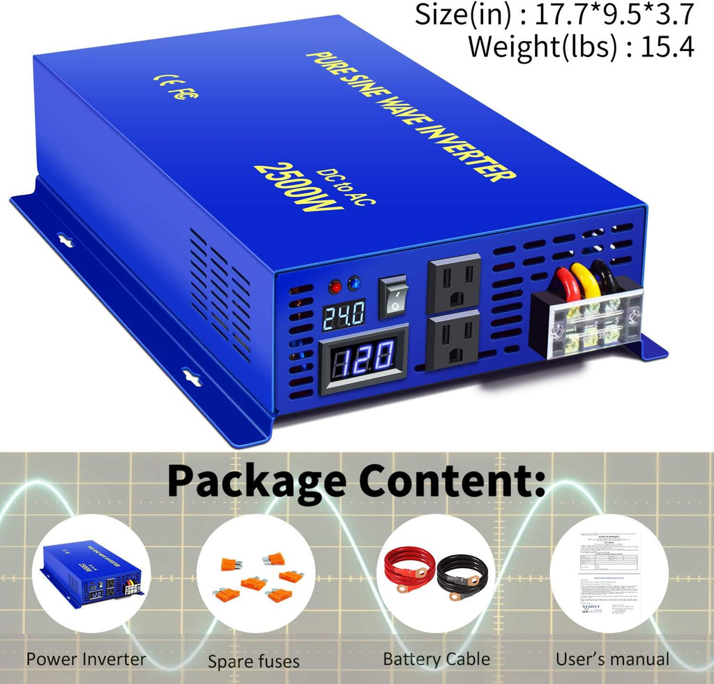 Pure Sine Wave Inverter 24V to 110v 120v 2500 Watt with Dual AC Receptacles G743