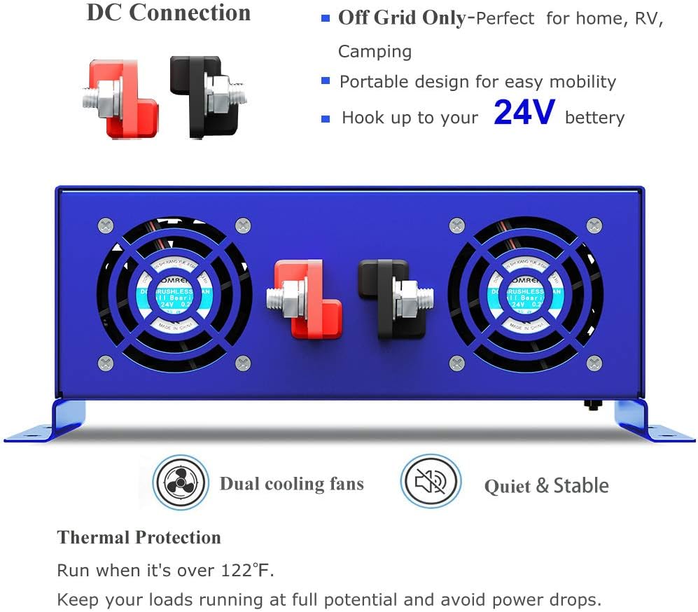 Pure Sine Wave Inverter 24V to 110v 120v 2500 Watt with Dual AC Receptacles G743