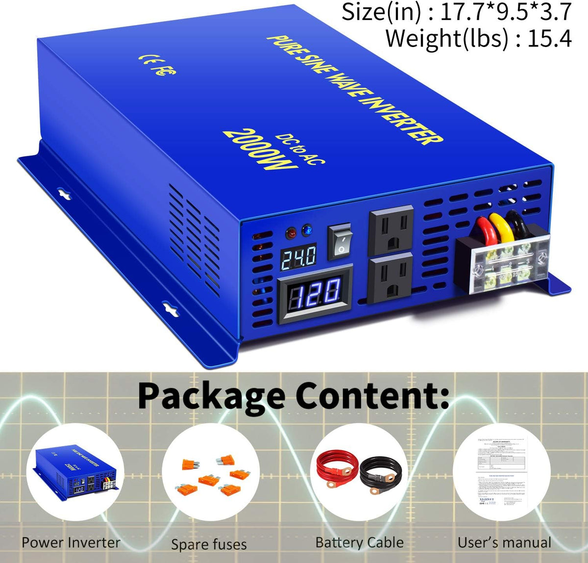 Pure Sine Wave Inverter 24V to 110v 120v 2500 Watt with Dual AC Receptacles G743