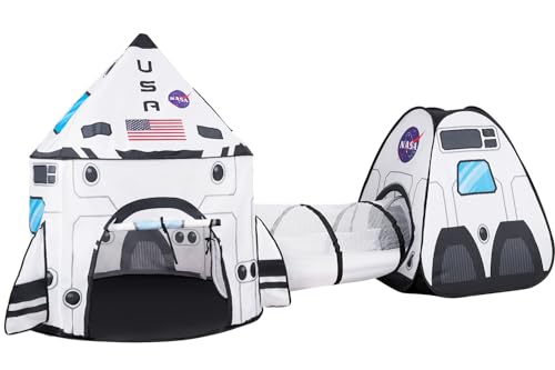 White Rocket Ship Pop up Play Tent with Tunnel and Playhouse Kids Indoor Outdoor Spaceship Tent Set U702861
