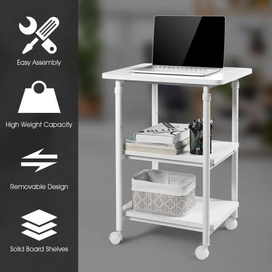 3-Tier Adjustable Printer Stand with Swivel Casters White D1572