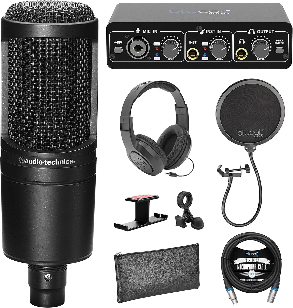 Cardioid Condenser Studio XLR Microphone Bundle with USB Audio Interface, XLR Cable, Pop Filter, Headphone Hook, and Headphones A8000