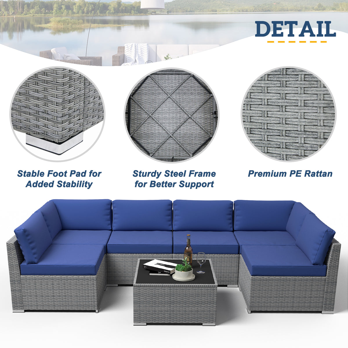 7 Piece Outdoor Wicker Patio Furniture Set with Coffee Table, Dark Blue A4165