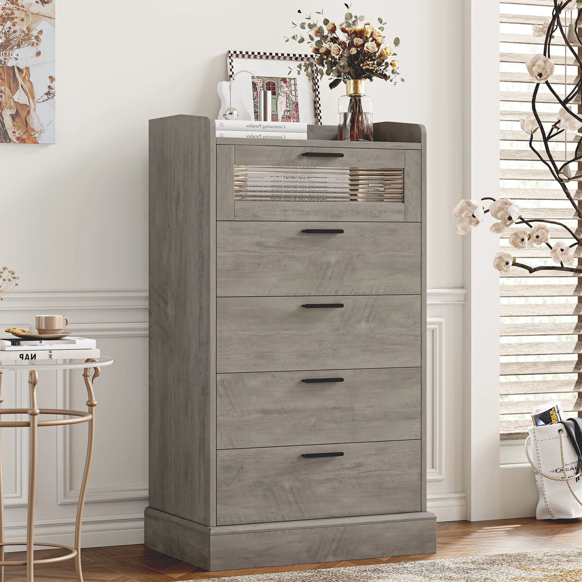 White 5 Drawer Glass Panel Wood Dresser T6354