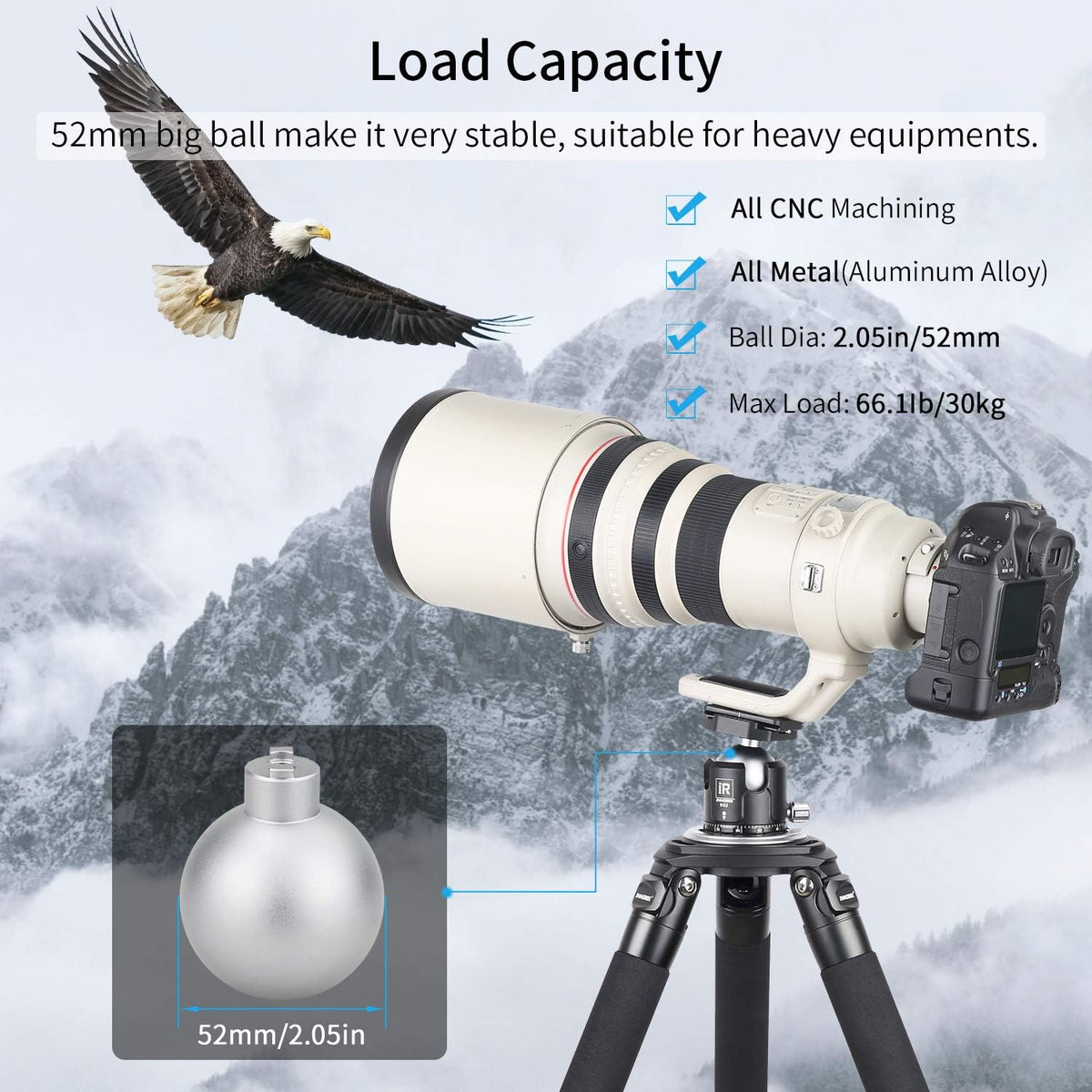 52MM All Metal Camera Ball Head with Two 1/4 Quick Release Plates Q8987