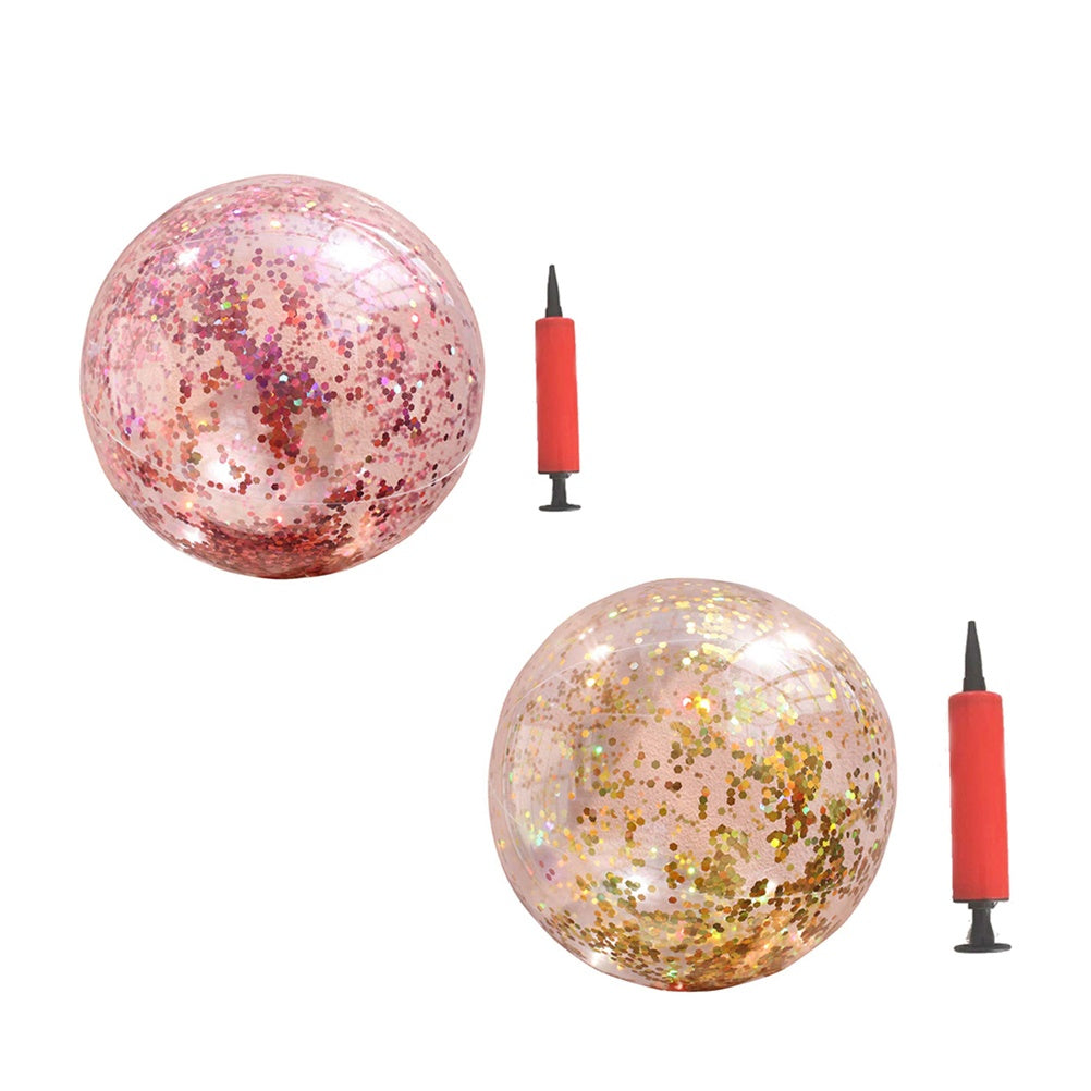 2pcs Glitter Sequin Beach Balls Round Transparent PVC Inflatable Ball Toys with Pumps Q2829