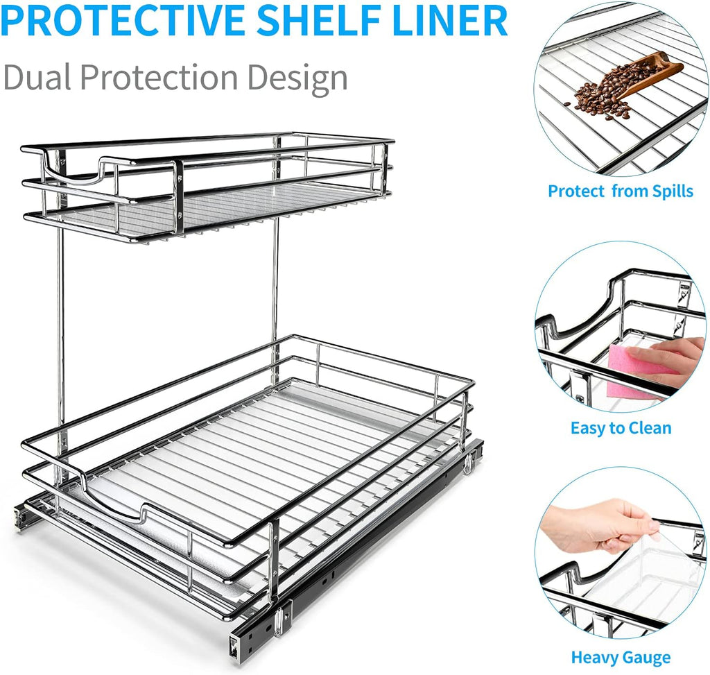 Under Sink Cabinet Organizer with 2 Tier Pull Out Sliding Shelf, 12.2Wx18.1Dx14.5H-Inch - Silver Z78391