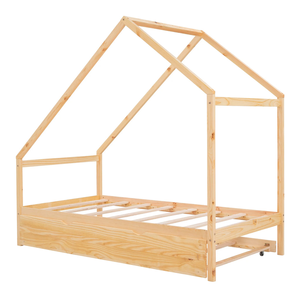 Twin Size Wooden House Bed with Trundle J3617