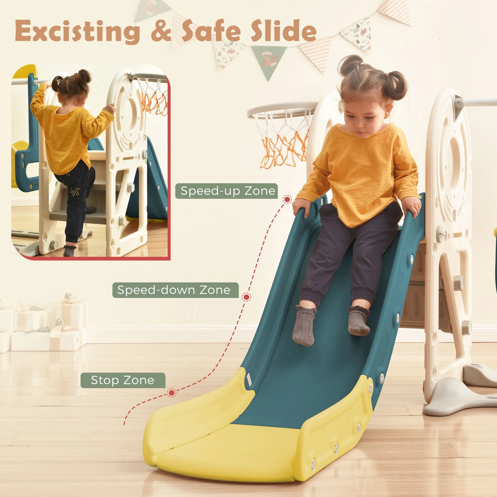 5-in-1 Kids Slide and Swing Set with Bus Playhouse, Basketball Hoop, Climber, Green B348928