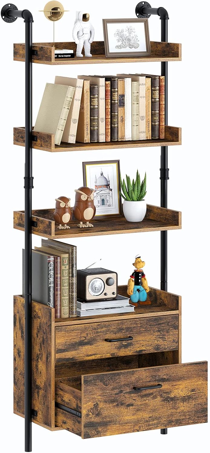 Industrial Bookshelf with 2 Wood Drawers, Wall Mounted 3-Tier Bookcase, Rustic Brown C9893