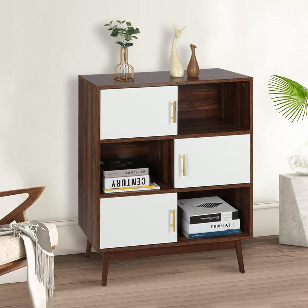 Walnut Storage Cabinet with Doors and Open Shelves N266164