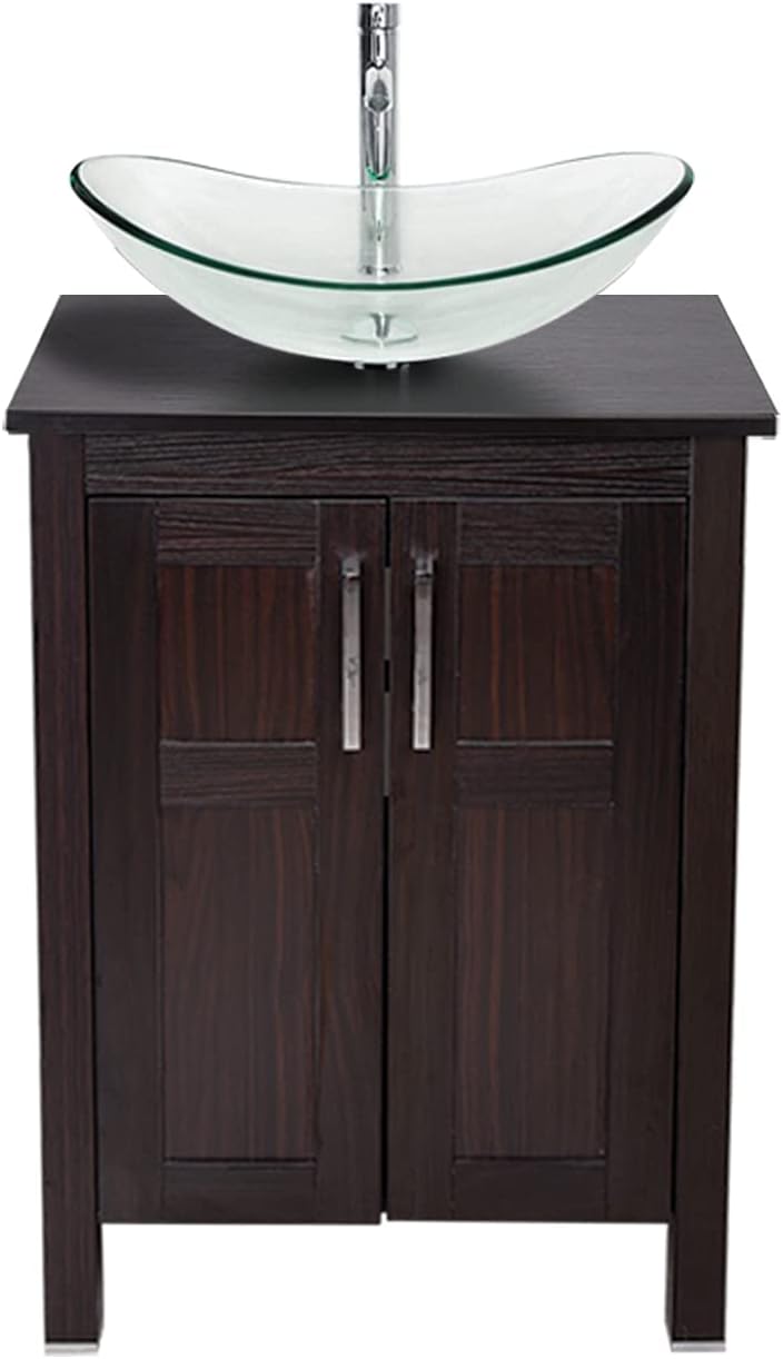 Dark Coffee 24 Inches Single Bathroom Vanity with 2-Door Cabinet and Tempered Glass Sink Top D63213