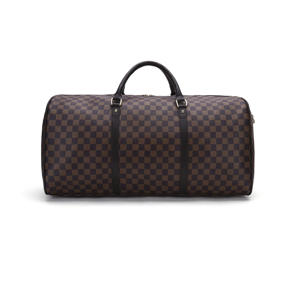 Brown Checkered Travel Duffel Bag Y696520