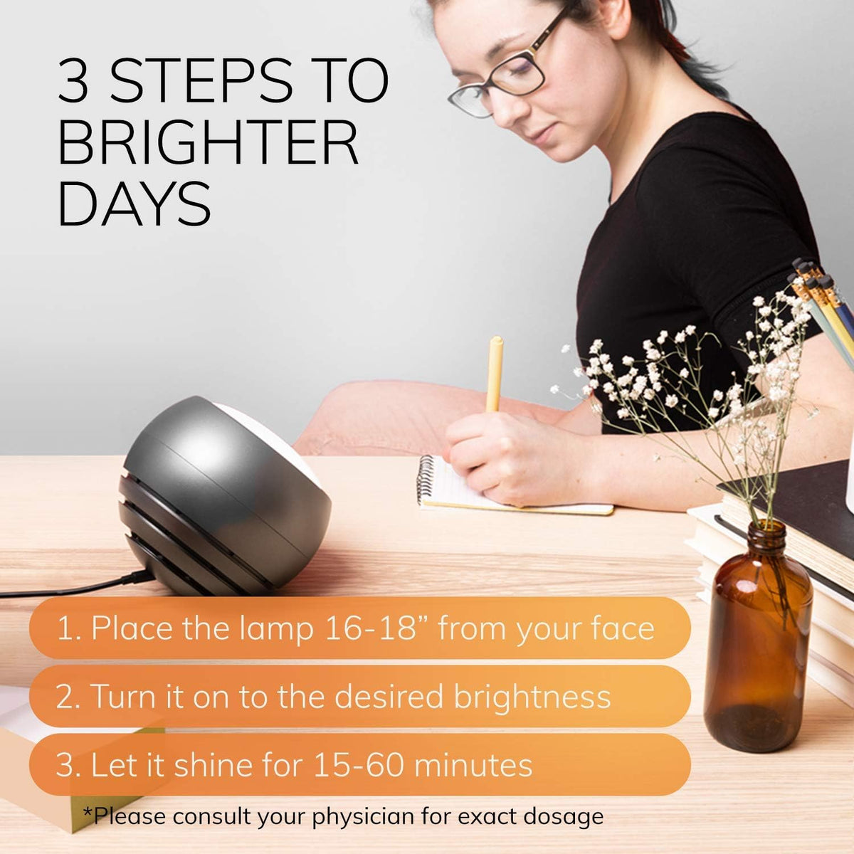 Light Therapy Lamp, UV-Free LED, 10,000 Lux, Full Spectrum, Light Grey I875