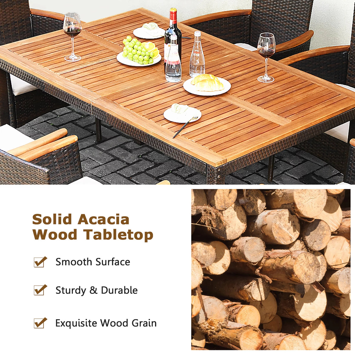 7 Pc Patio Rattan Dining Set Cushioned Chair Wooden Tabletop U7356