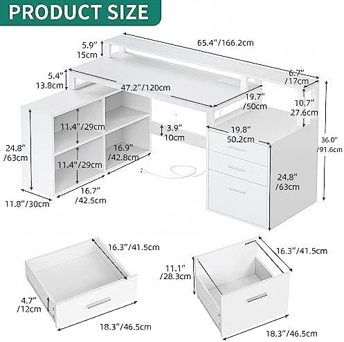 L Shaped Desk with 3 Drawers 65" Corner Computer Desk with Power Outlets & LED Lights White U2418